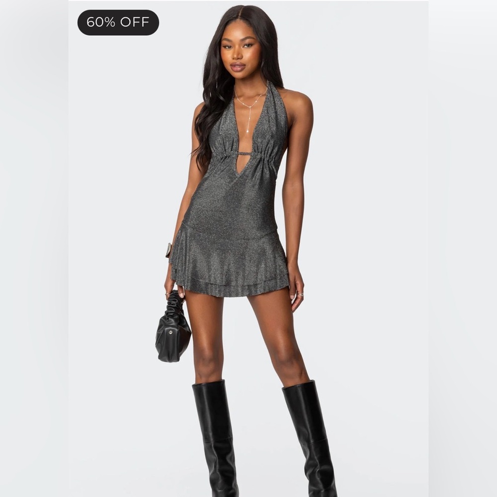 NWT Edikted Metallic Backless Halter Mini Dress